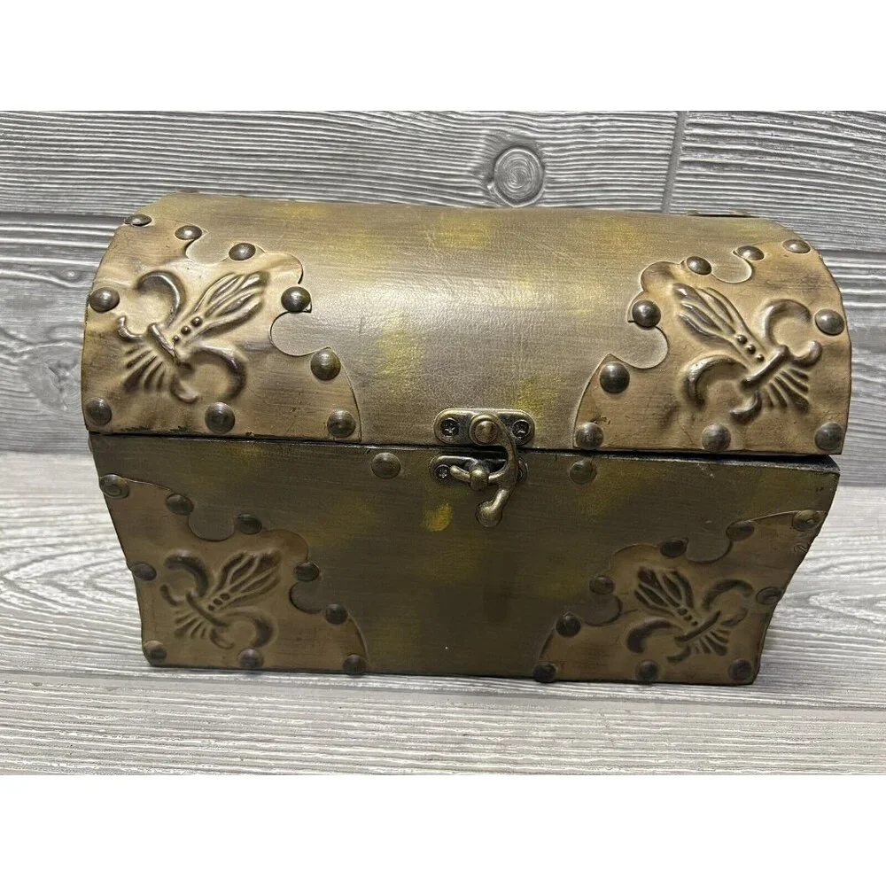 Vintage Look Gold Tone Metal Chest Trunk Boho Bohemian Storage Container Decor